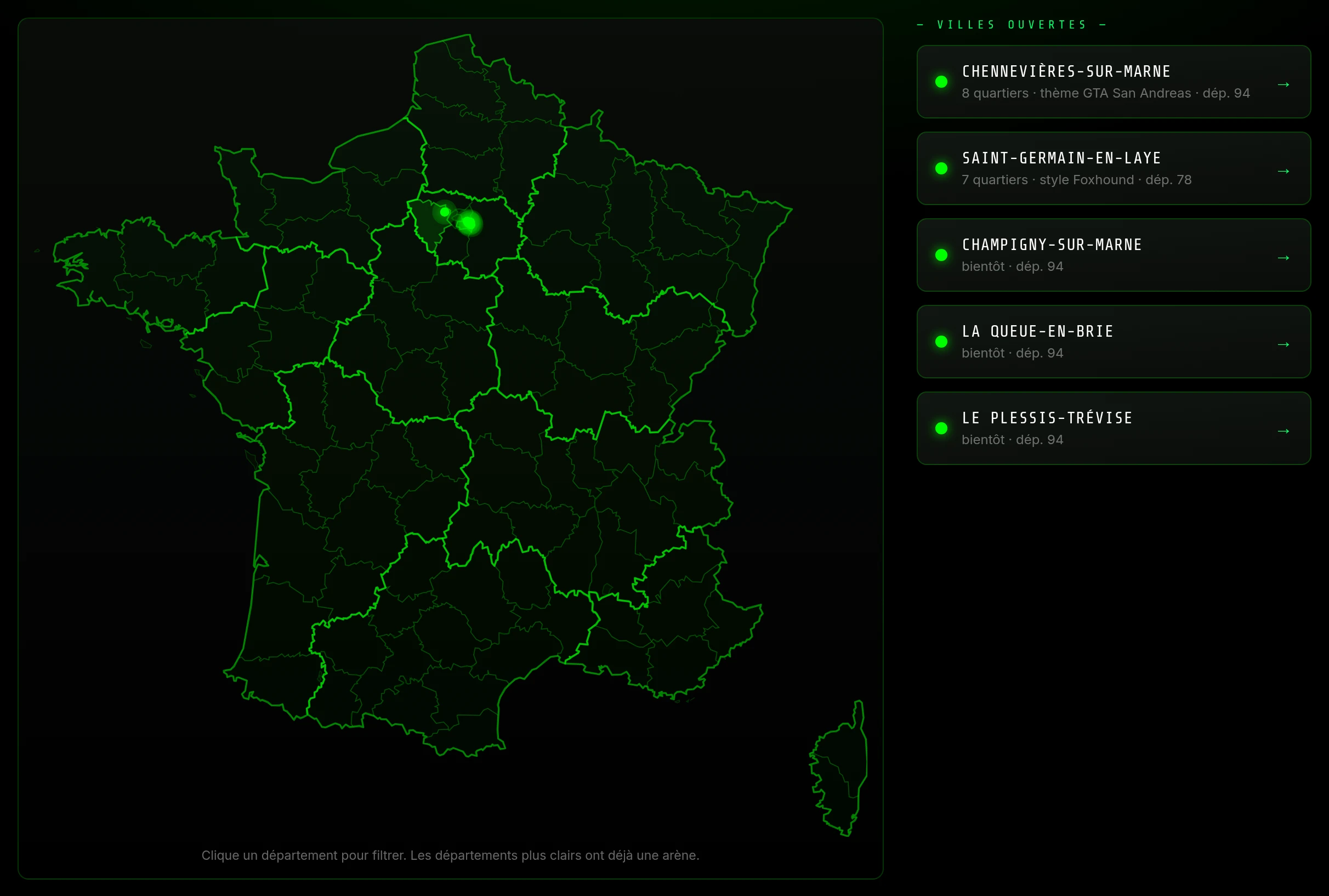 Carte de France des villes Foxhound eSport : Chennevières-sur-Marne, Saint-Germain-en-Laye, Champigny-sur-Marne, La Queue-en-Brie et Le Plessis-Trévise.