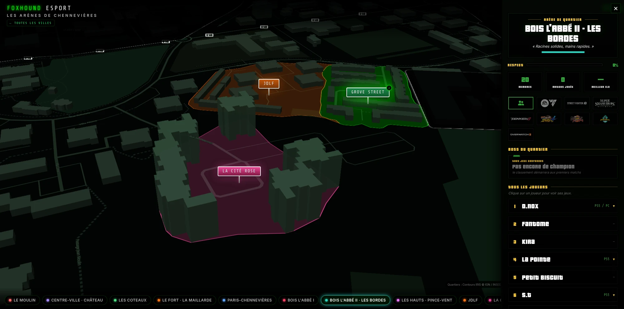 Carte 3D des arènes de Chennevières-sur-Marne : JDLF, Grove Street et La Cité Rose, avec le panneau de l’arène Bois l’Abbé II · Les Bordes et la liste de ses joueurs.